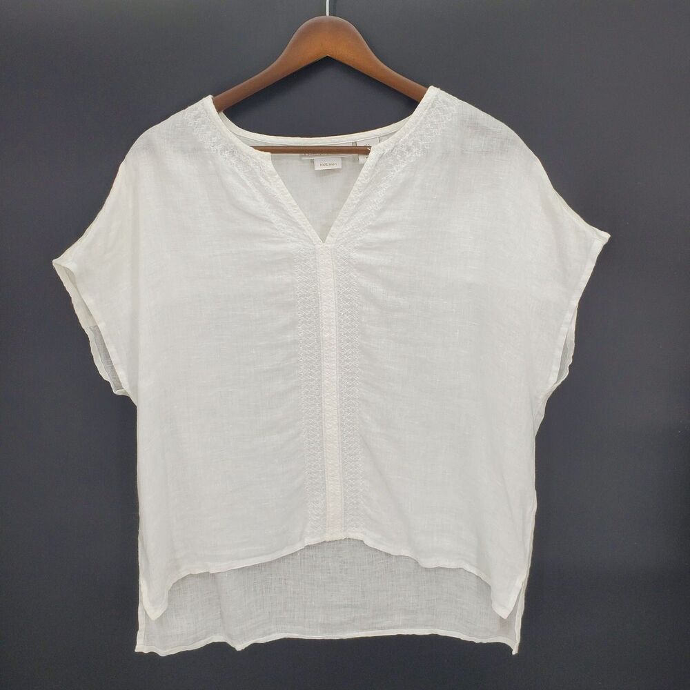 New House of Harlow 1960 Embroidered Spilt Neck Top 100% Linen White Size Small